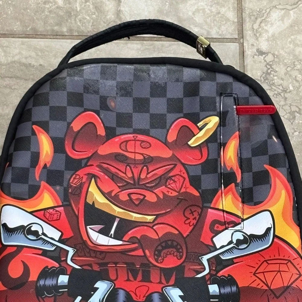 Sprayground Limited Edition Money Bear Motorcycle Flame Backpack Checkered Red